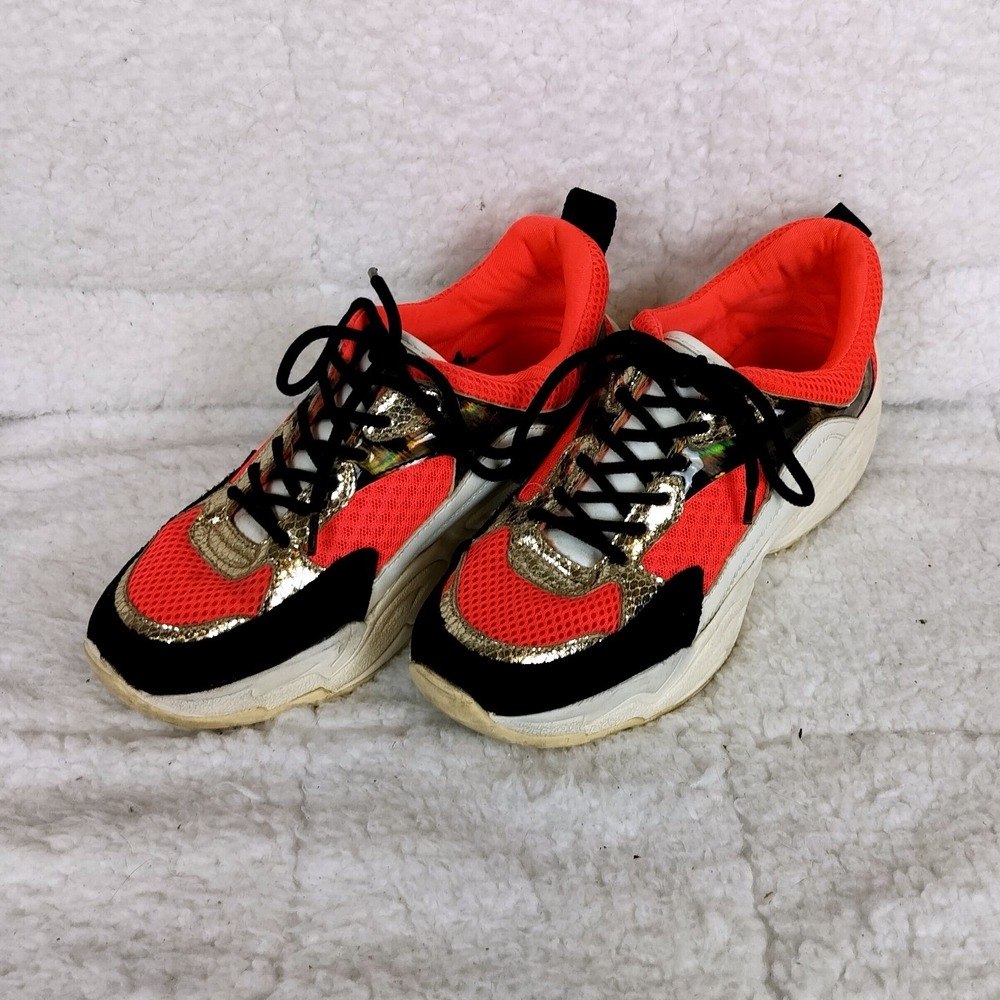 Steve Madden Shili Chunky Platform Sneakers Neon‎ Orange Leopard Gold Mesh